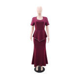 Women Casual Elegant Slim-Waist Short-Sleeve Mermaid Dress