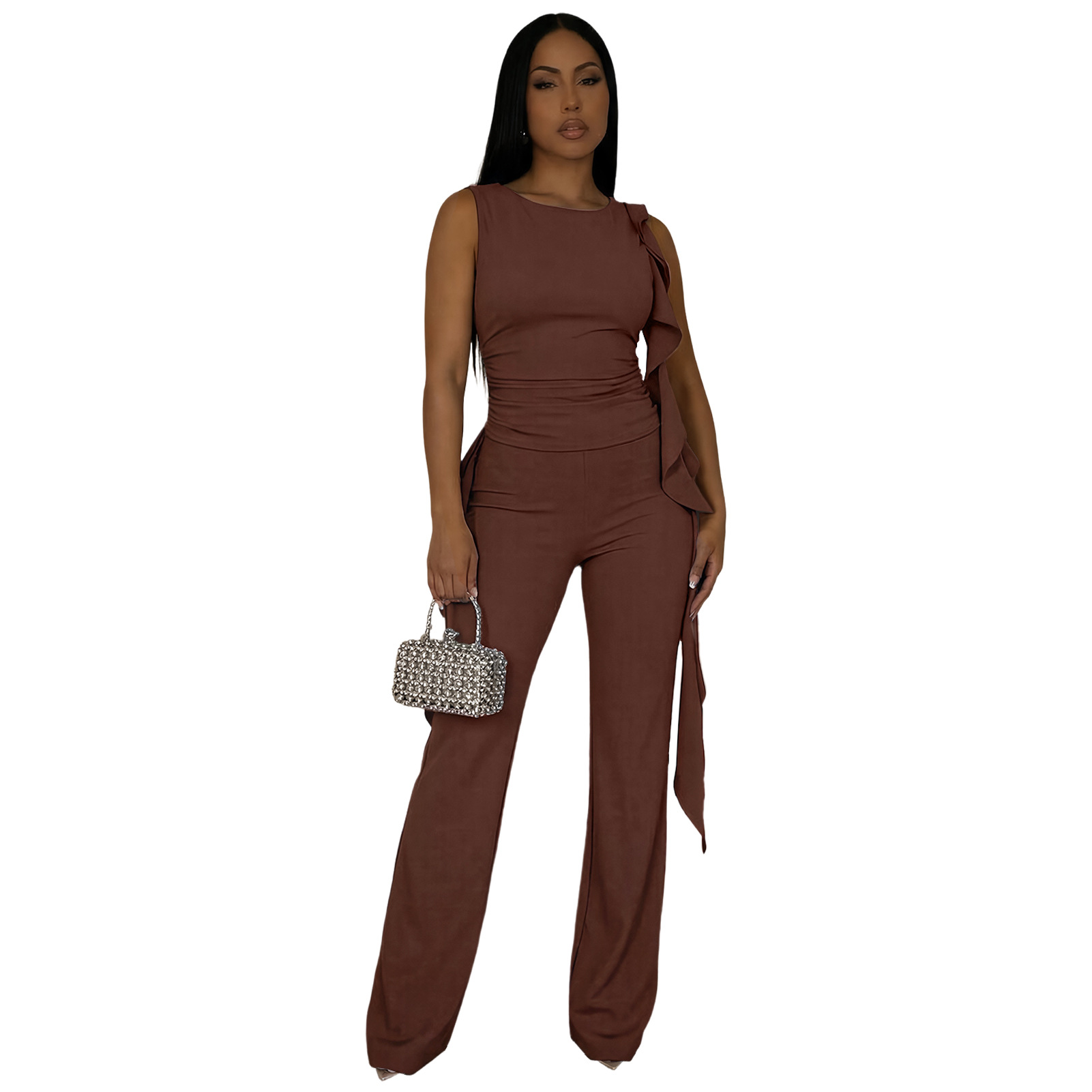 Lace-Up Ruffle Ruched Tank & Bell-Bottom Pants Set