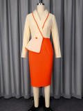 Plus Size Women Colorblock Turn-Down Collar Slim-Waist Bodycon Dress