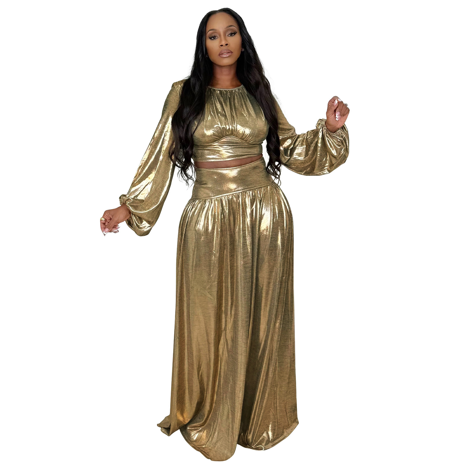 Women Round-Neck Lantern-Sleeve Slim-Waist Flared Skirt Set