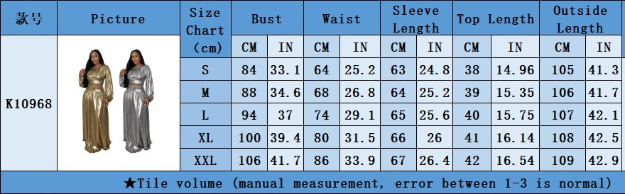 Women Round-Neck Lantern-Sleeve Slim-Waist Flared Skirt Set