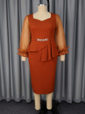 Plus Size Women See-Through Ruffle-Sleeve Slim-Waist Bodycon Dress