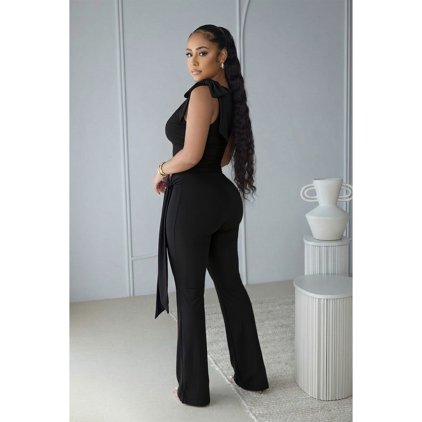 Lace-Up Ruffle Ruched Tank & Bell-Bottom Pants Set
