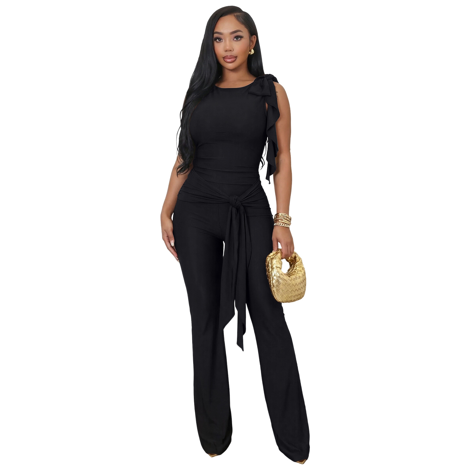 Lace-Up Ruffle Ruched Tank & Bell-Bottom Pants Set