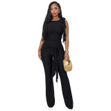 Women Lace-Up Ruffle-Edge Ruched Tank with Bell-Bottom Pants Set
