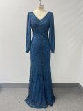 Women Spring/Autumn V-Neck Long-Sleeve Mesh Sequin Mermaid Evening Dress