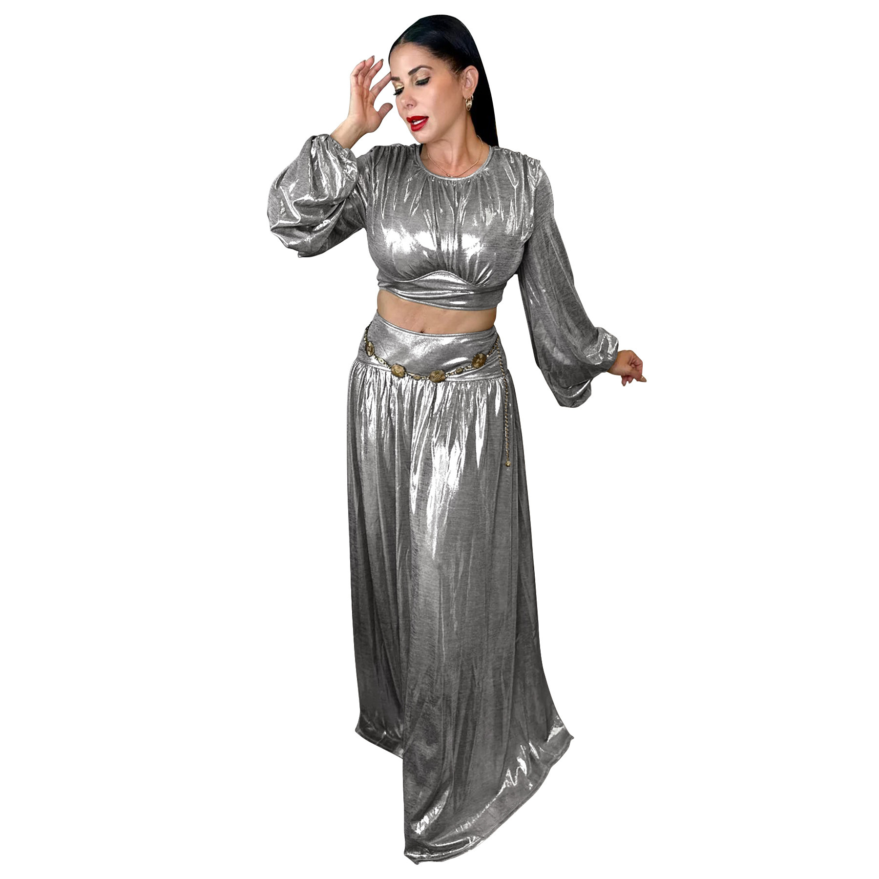 Women Round-Neck Lantern-Sleeve Slim-Waist Flared Skirt Set