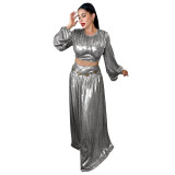 Women Round-Neck Lantern-Sleeve Slim-Waist Flared Skirt Set