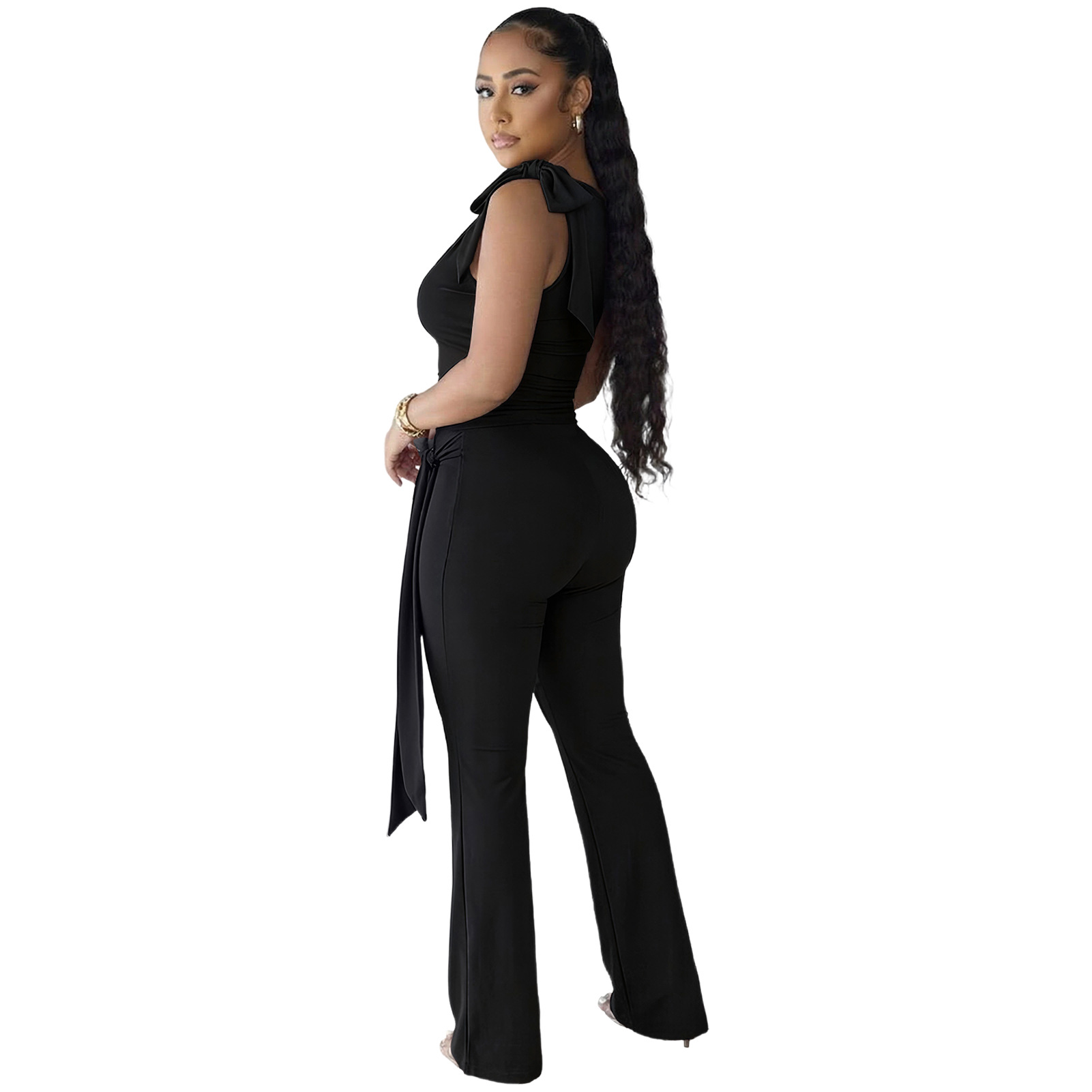 Lace-Up Ruffle Ruched Tank & Bell-Bottom Pants Set