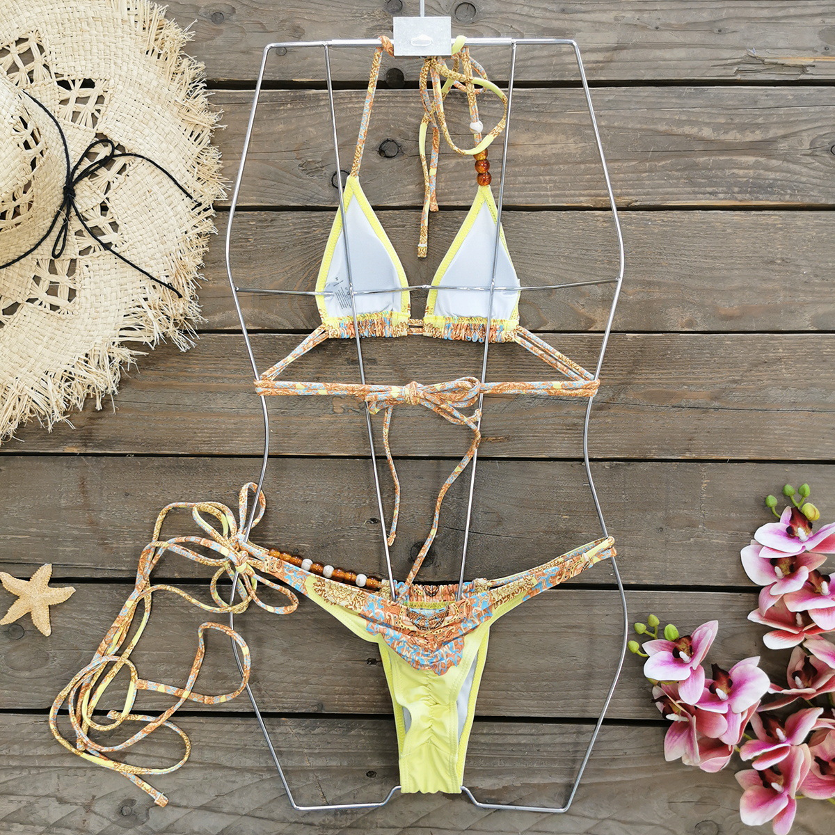 Women Printed Lace-Up Low-Back Sexy Two-Piece Bikini