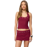 Women Ribbed Halter Lace-Up Two-Piece Skirt Set