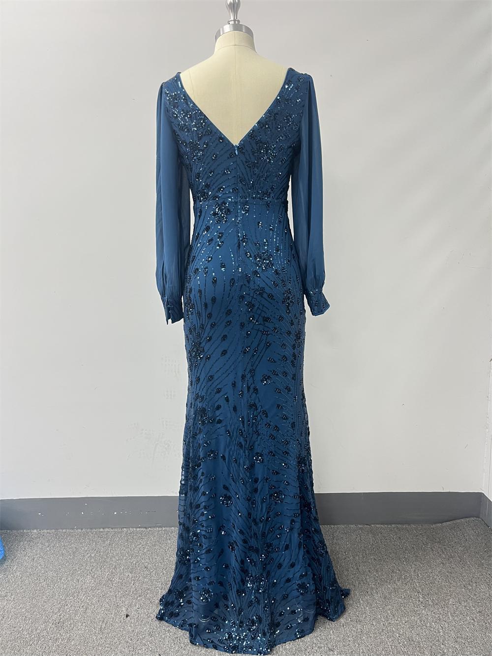 Women Spring/Autumn V-Neck Long-Sleeve Mesh Sequin Mermaid Evening Dress