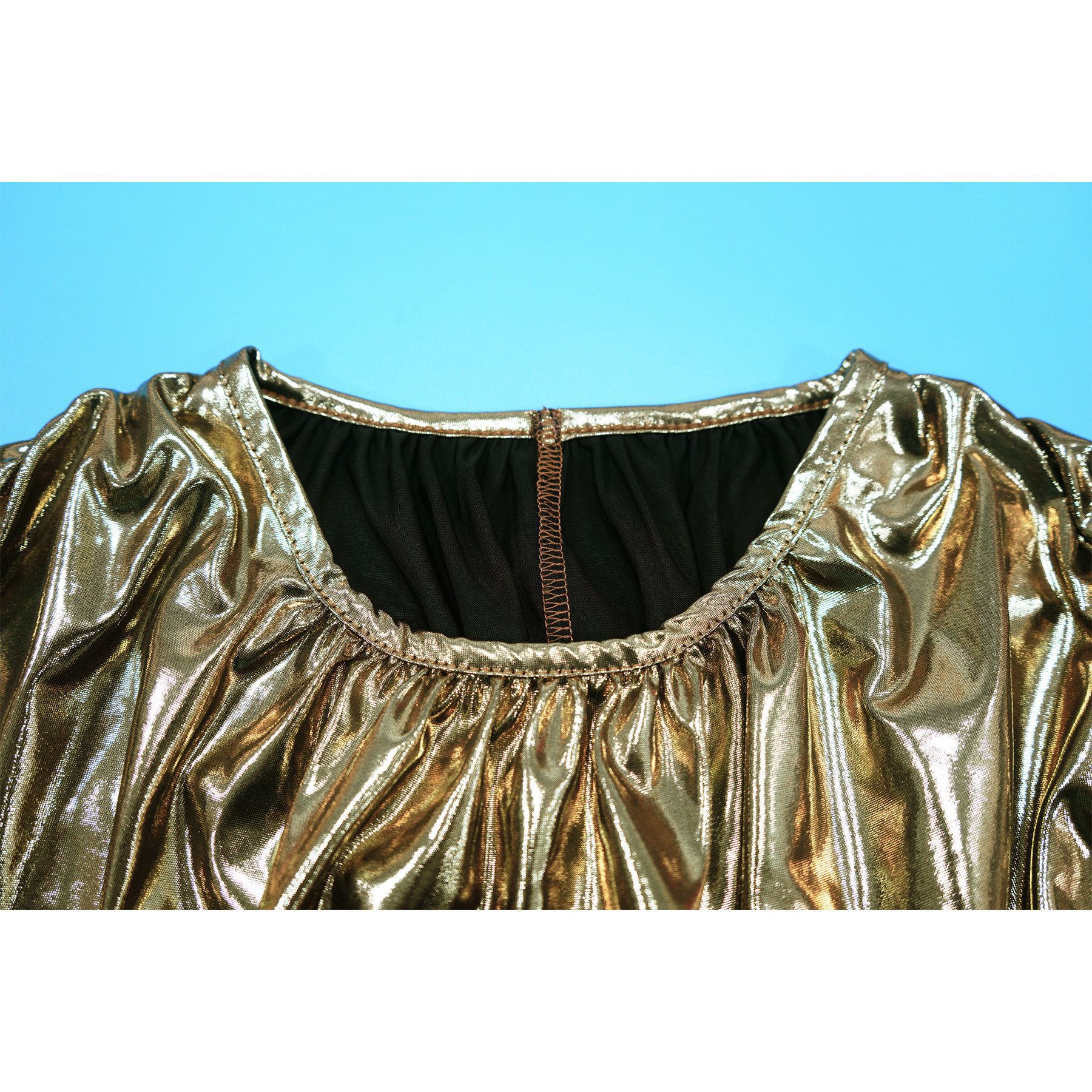 Women Round-Neck Lantern-Sleeve Slim-Waist Flared Skirt Set