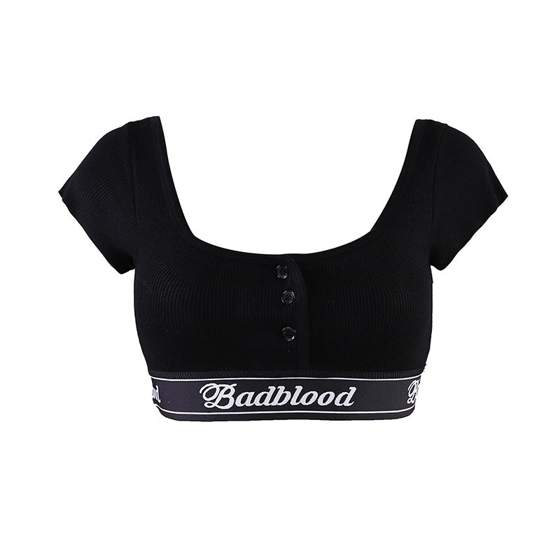 Women Short-Sleeve Crop Dance Yoga Buttoned Square-Neck T-Shirt with Triangle Briefs