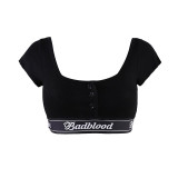 Women Short-Sleeve Crop Dance Yoga Buttoned Square-Neck T-Shirt with Triangle Briefs