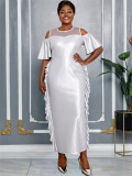Plus Size Women Ruffle See-Through Slim-Waist Long Chic Dress