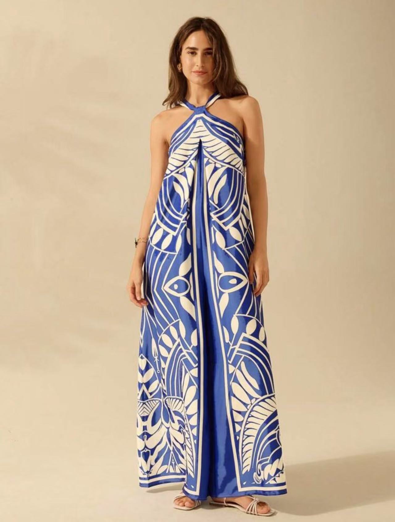 Women Printed Chic Halter Neck Sleeveless Wide-Leg Jumpsuit