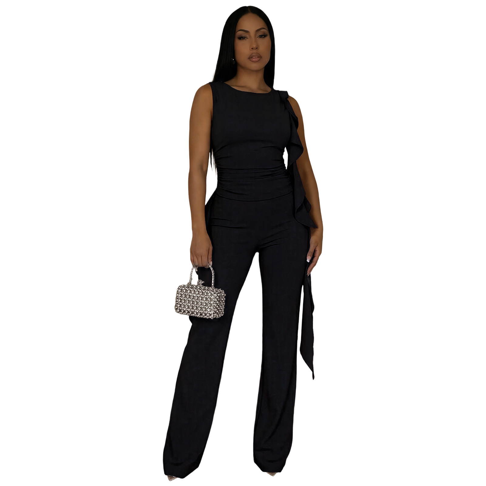 Lace-Up Ruffle Ruched Tank & Bell-Bottom Pants Set