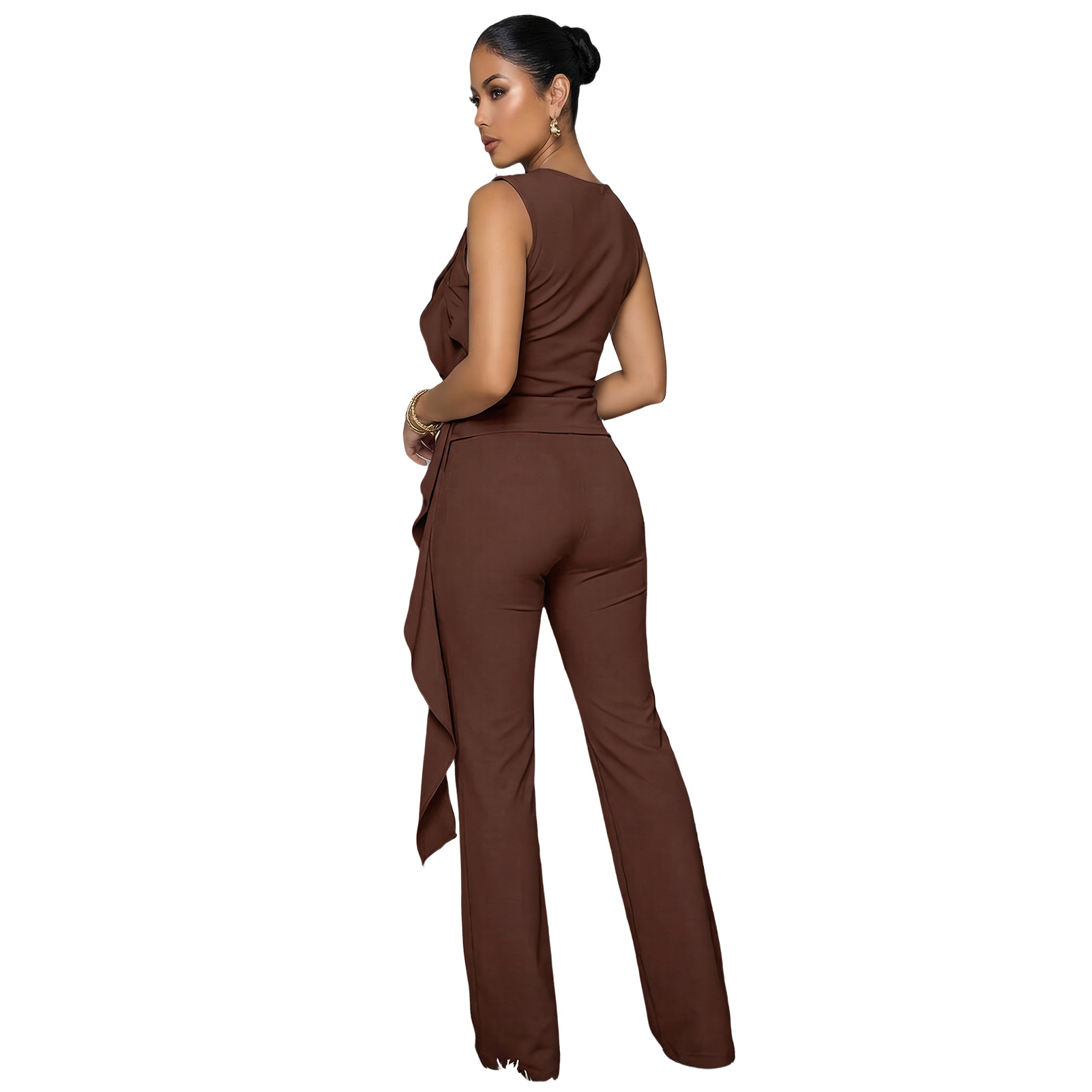 Lace-Up Ruffle Ruched Tank & Bell-Bottom Pants Set