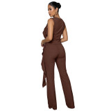 Women Lace-Up Ruffle-Edge Ruched Tank with Bell-Bottom Pants Set