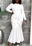 Plus Size Women White Long-Sleeve Colorblock Slim-Waist Mermaid Dress