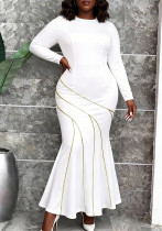 Plus Size Women White Long-Sleeve Colorblock Slim-Waist Mermaid Dress
