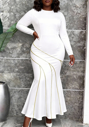 Plus Size Women White Long-Sleeve Colorblock Slim-Waist Mermaid Dress