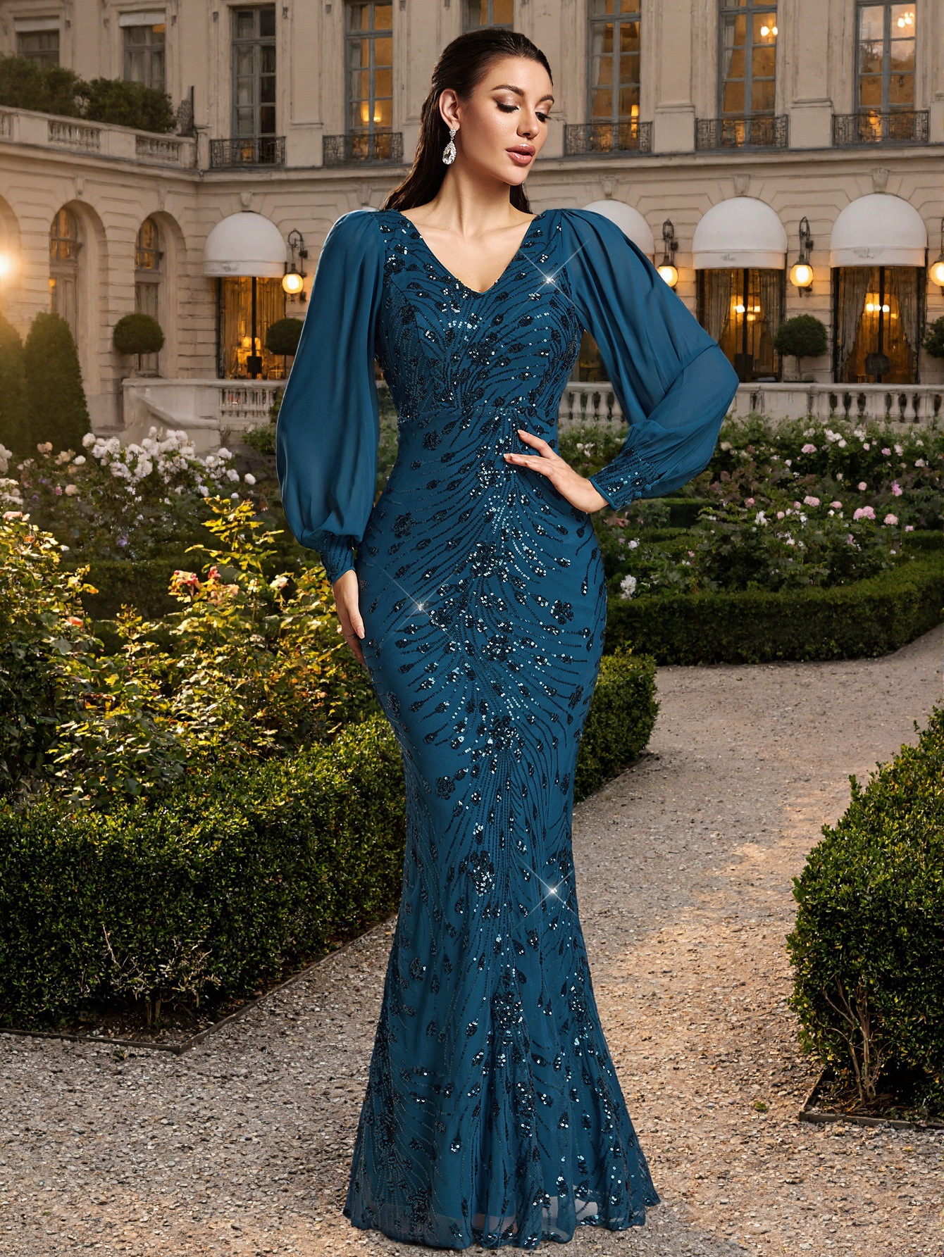 Women Spring/Autumn V-Neck Long-Sleeve Mesh Sequin Mermaid Evening Dress