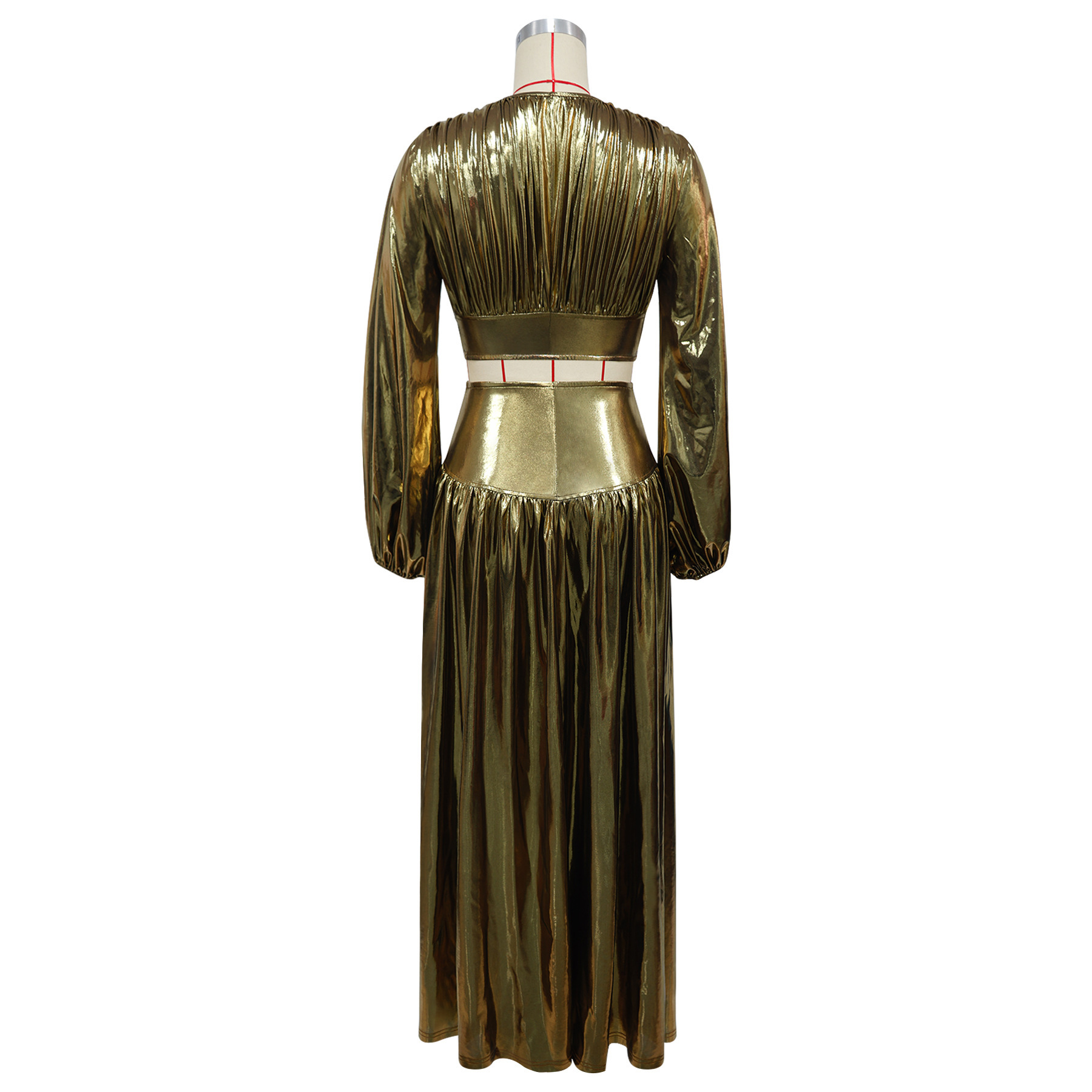 Women Round-Neck Lantern-Sleeve Slim-Waist Flared Skirt Set