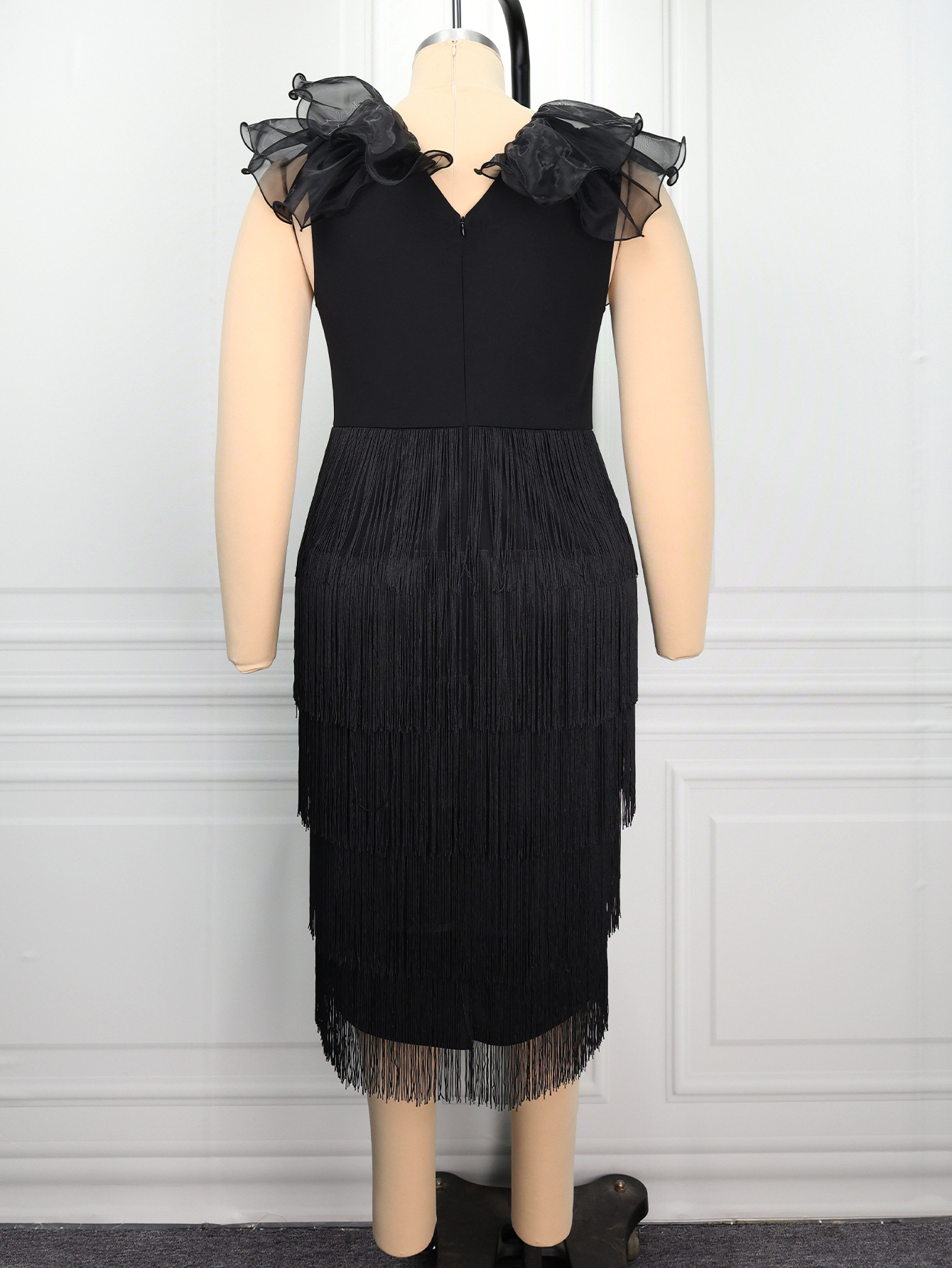 Plus Size Women Ruffle-Sleeve Tassel V-Neck Slim-Waist Bodycon Dress