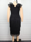 Plus Size Women Ruffle-Sleeve Tassel V-Neck Slim-Waist Bodycon Dress