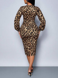 Women Leopard Print Long-Sleeve Slash V-Neck Dress
