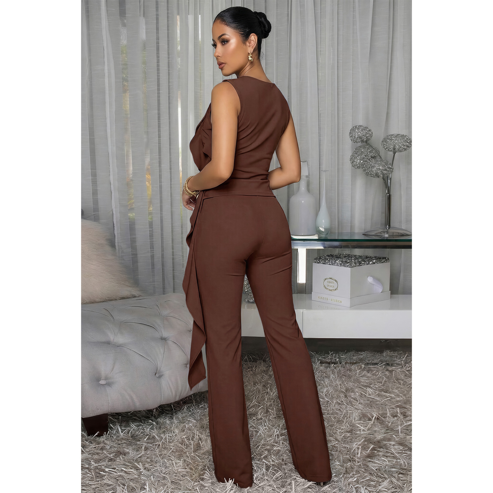 Lace-Up Ruffle Ruched Tank & Bell-Bottom Pants Set