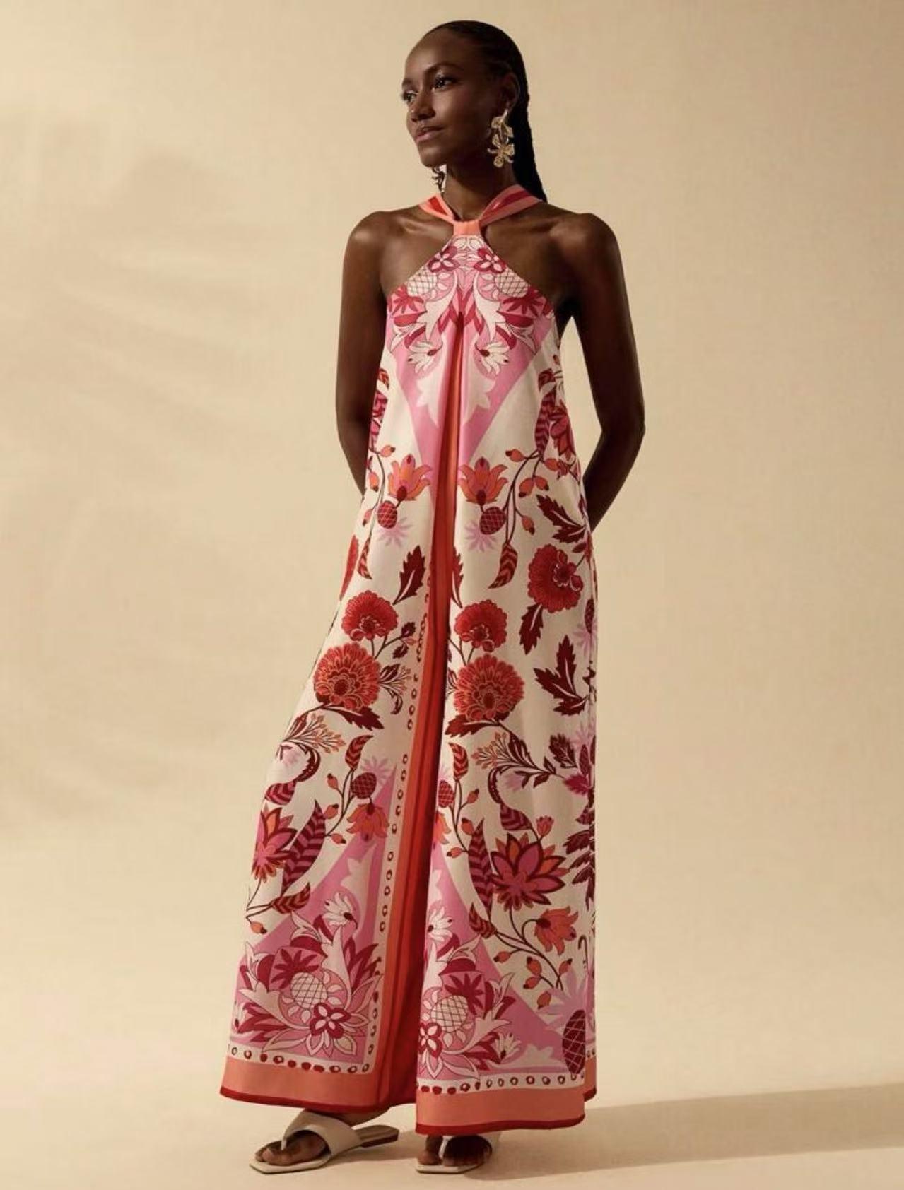 Women Printed Chic Halter Neck Sleeveless Wide-Leg Jumpsuit