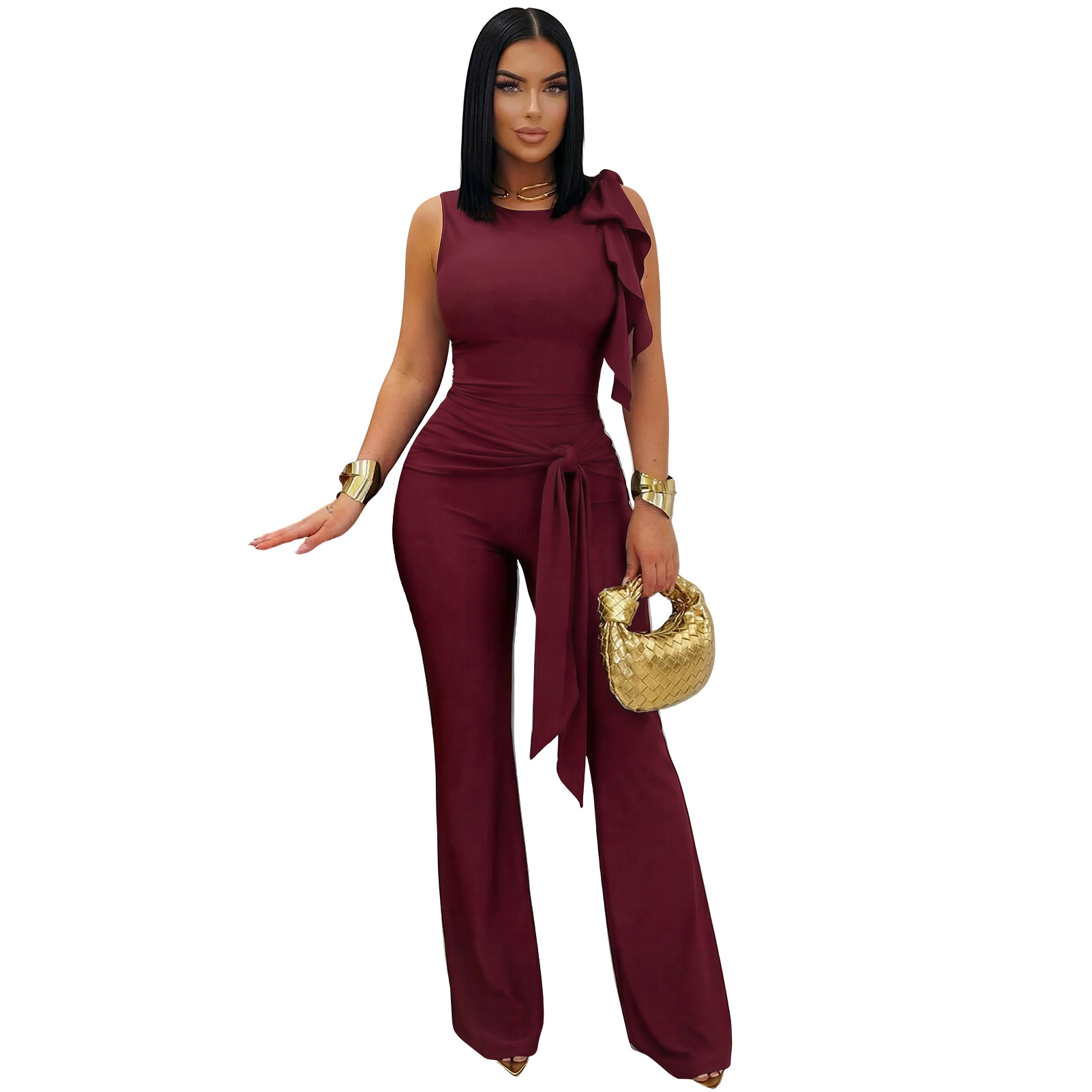 Lace-Up Ruffle Ruched Tank & Bell-Bottom Pants Set