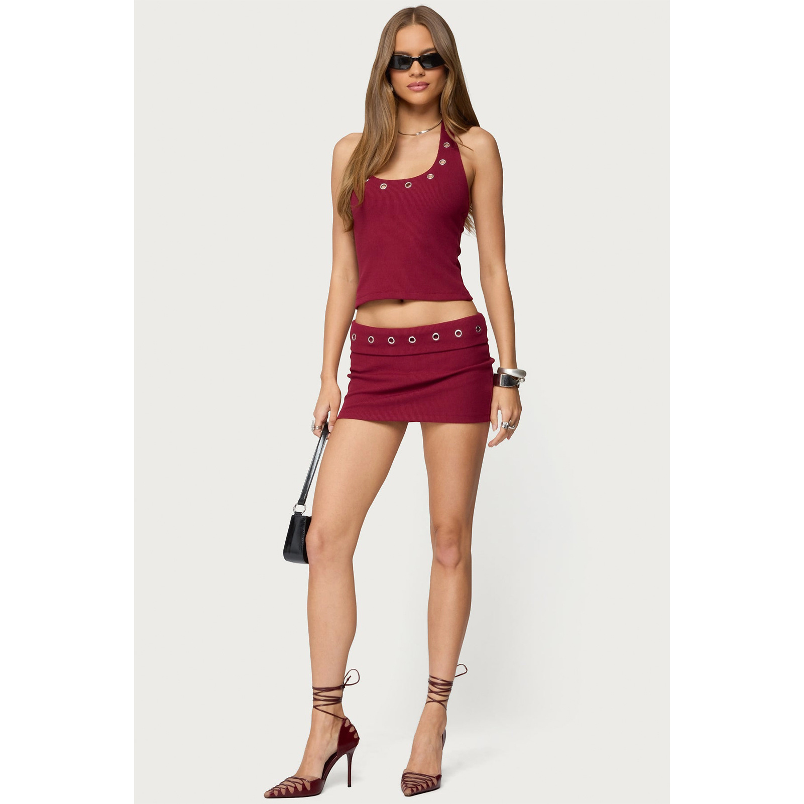 Women Ribbed Halter Lace-Up Two-Piece Skirt Set