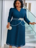 Plus Size Women Navy V-Neck Long-Sleeve Slim-Waist Ruffle Pleated Dress