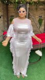 Plus Size Women Ruffle See-Through Slim-Waist Long Chic Dress