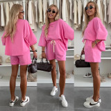 Women Casual Round Neck Short-Sleeve T-Shirt and Tie-Up Shorts Two-Piece Set