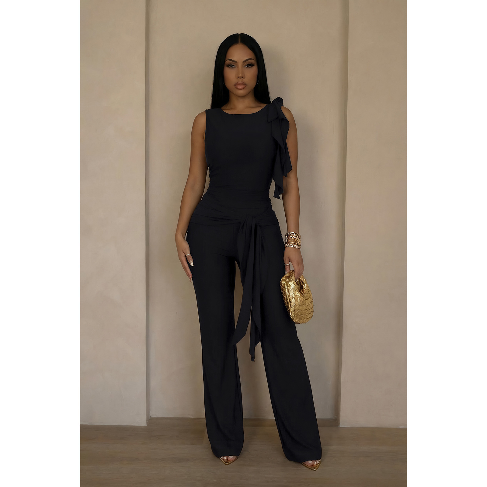 Lace-Up Ruffle Ruched Tank & Bell-Bottom Pants Set