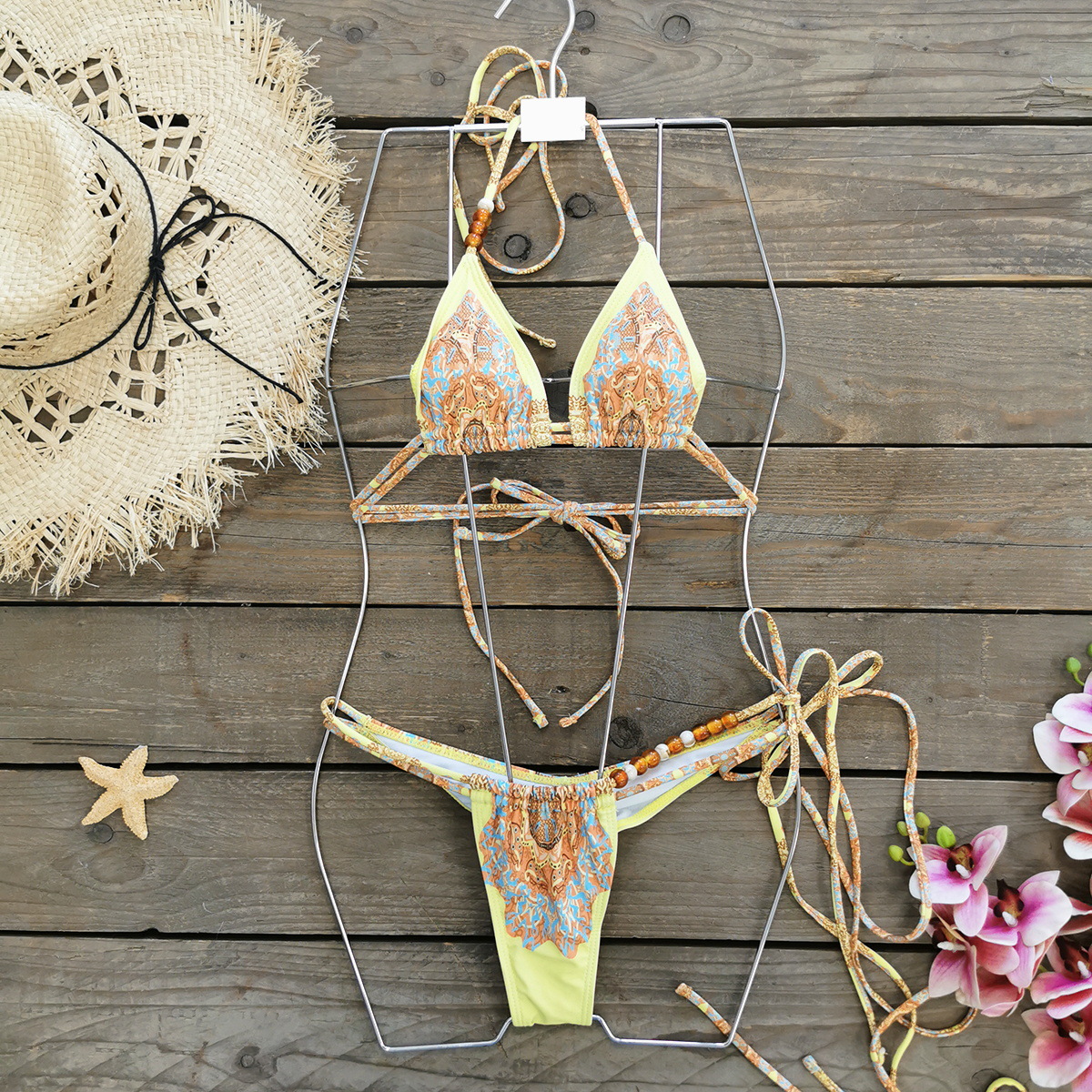 Women Printed Lace-Up Low-Back Sexy Two-Piece Bikini