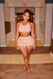 Summer Women Knitted Crochet Tassel Lace-Up Cutout Strap Sexy Skirt Set