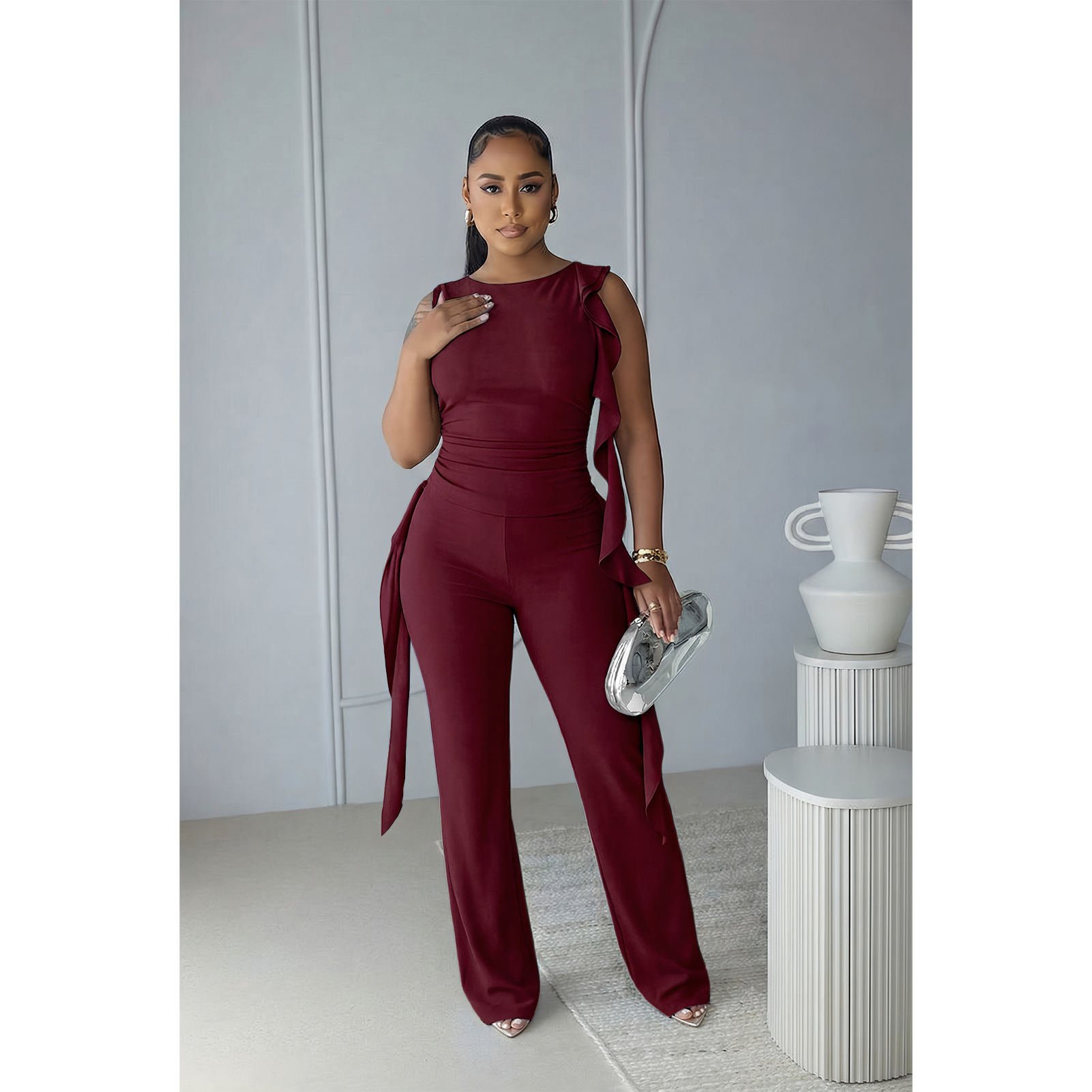 Lace-Up Ruffle Ruched Tank & Bell-Bottom Pants Set