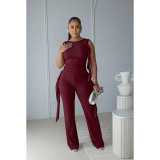 Women Lace-Up Ruffle-Edge Ruched Tank with Bell-Bottom Pants Set