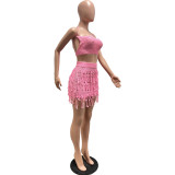 Summer Women Knitted Crochet Tassel Lace-Up Cutout Strap Sexy Skirt Set