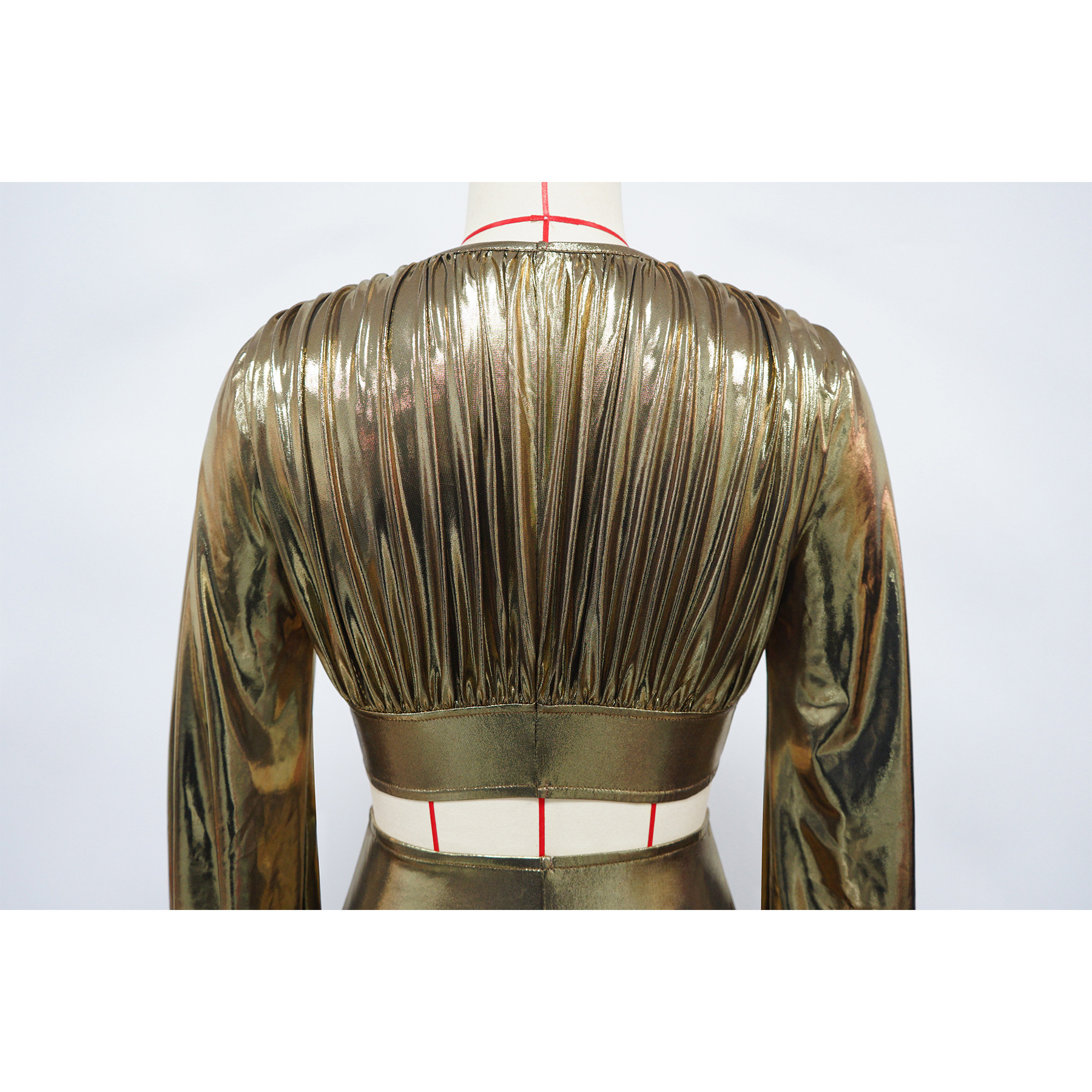 Women Round-Neck Lantern-Sleeve Slim-Waist Flared Skirt Set