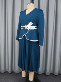 Plus Size Women Navy V-Neck Long-Sleeve Slim-Waist Ruffle Pleated Dress