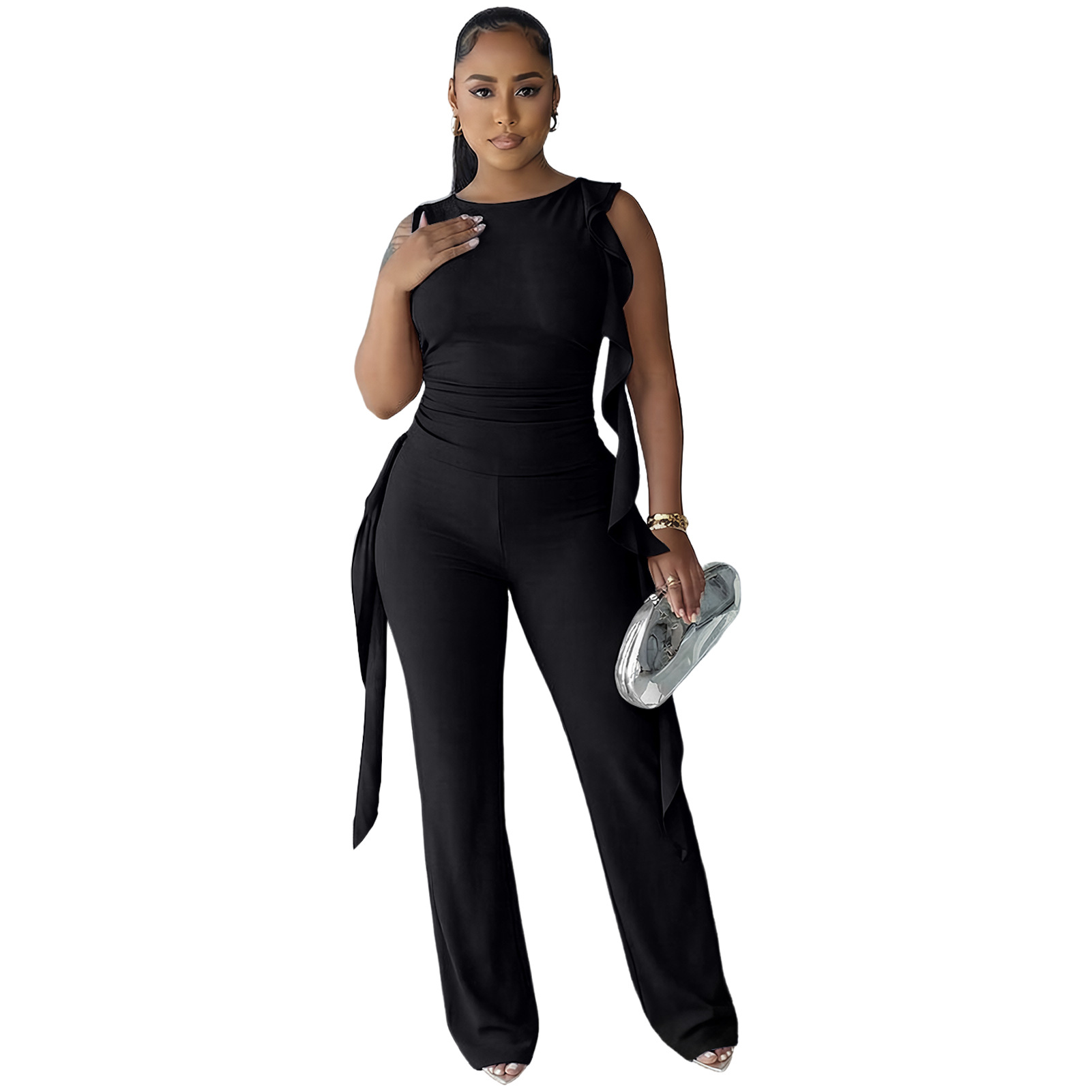 Lace-Up Ruffle Ruched Tank & Bell-Bottom Pants Set