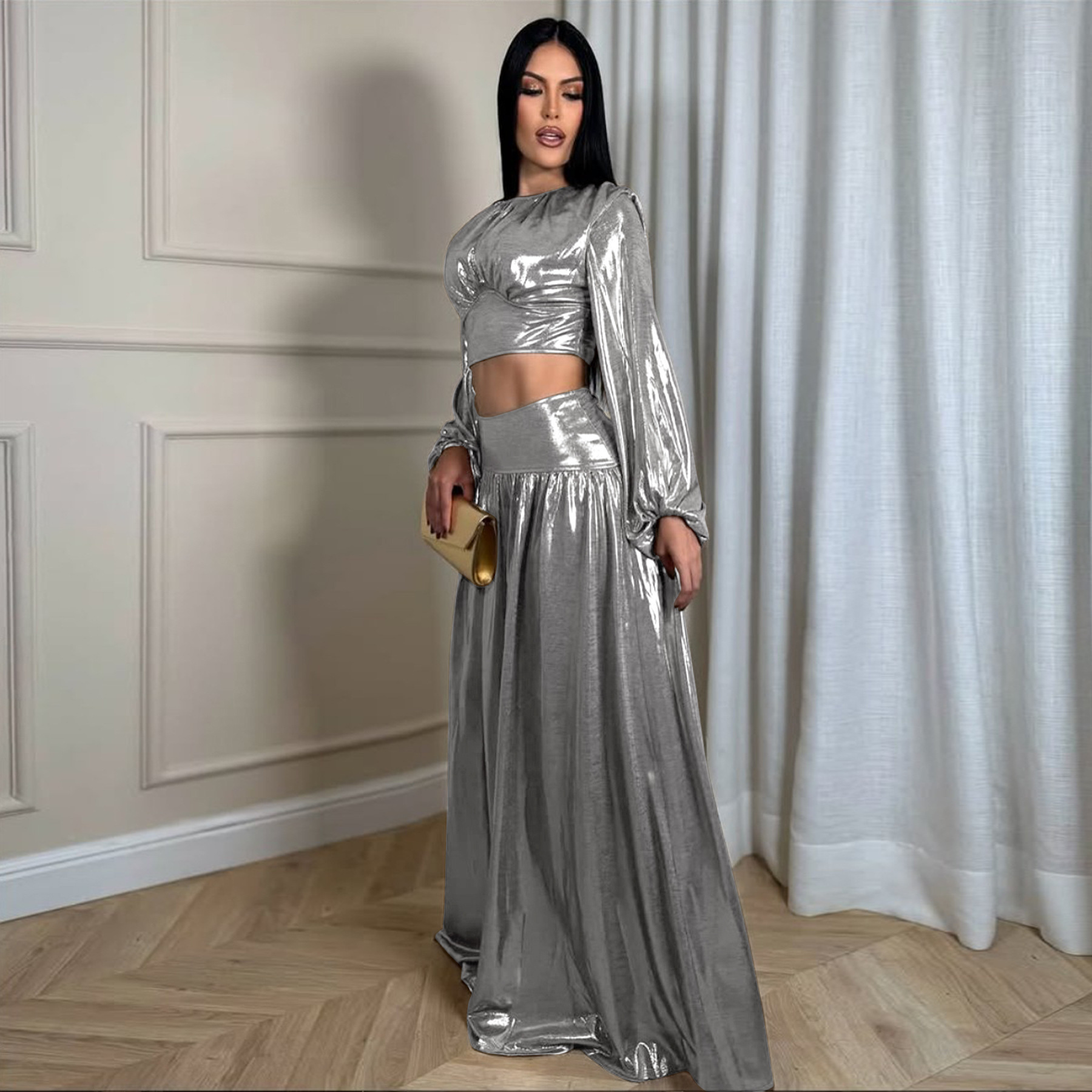 Women Round-Neck Lantern-Sleeve Slim-Waist Flared Skirt Set