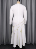 Plus Size Women White Long-Sleeve Colorblock Slim-Waist Mermaid Dress